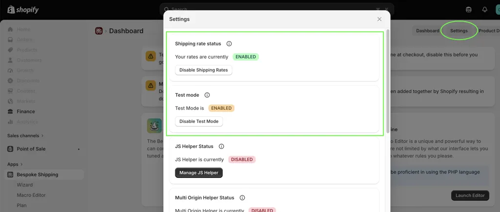 Enable shipping rates and test mode in Bespoke.