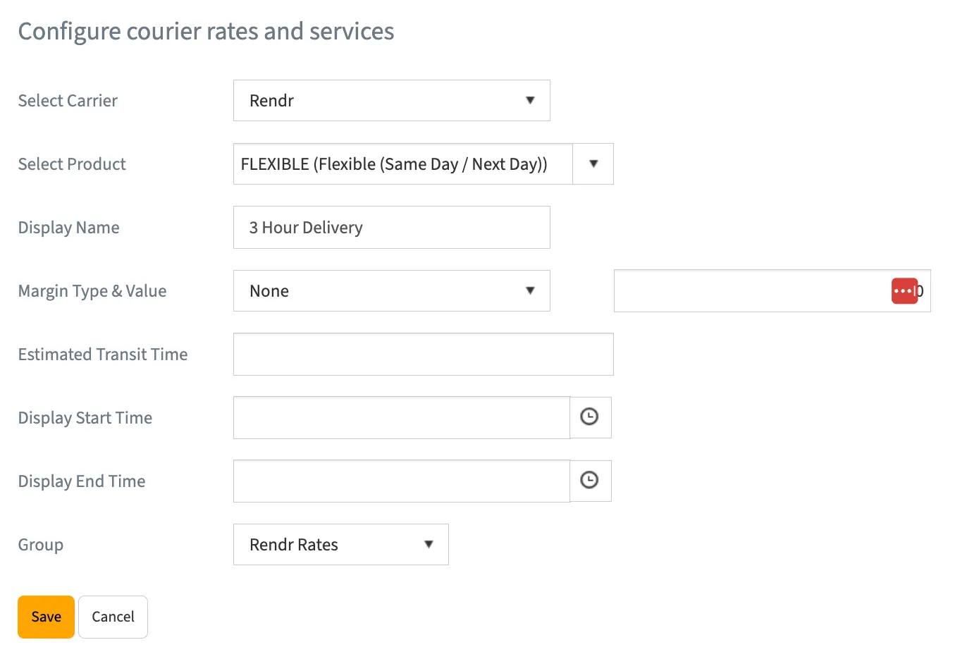 Starshipit Configure courier rates and services form for a Rendr checkout rate