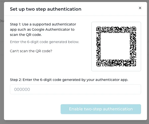 Set up two step authentication modal with QR code