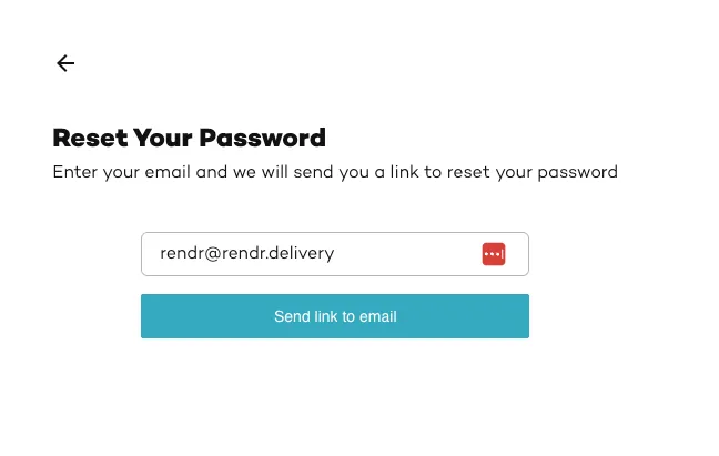 Reset Your Password screen with email field and Send link to email button