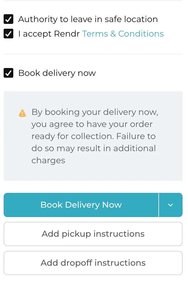 Order summary panel showing the Authority to leave and Terms & Conditions checkboxes, the Book delivery now checkbox and the Book Delivery Now button
