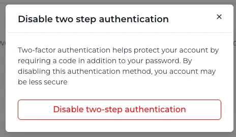 Disable two step authentication confirmation modal