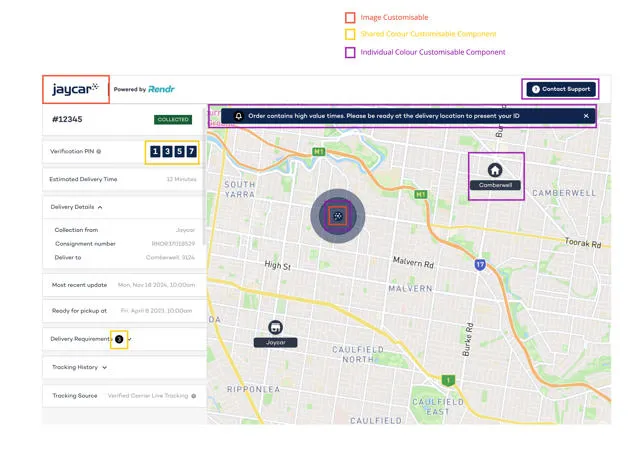 Branded tracking page example showing customisable logo, image, and colour components