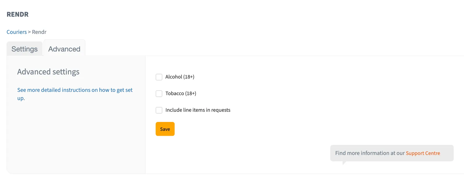 Starshipit Rendr Advanced settings tab showing the Alcohol, Tobacco and Include line items in requests options