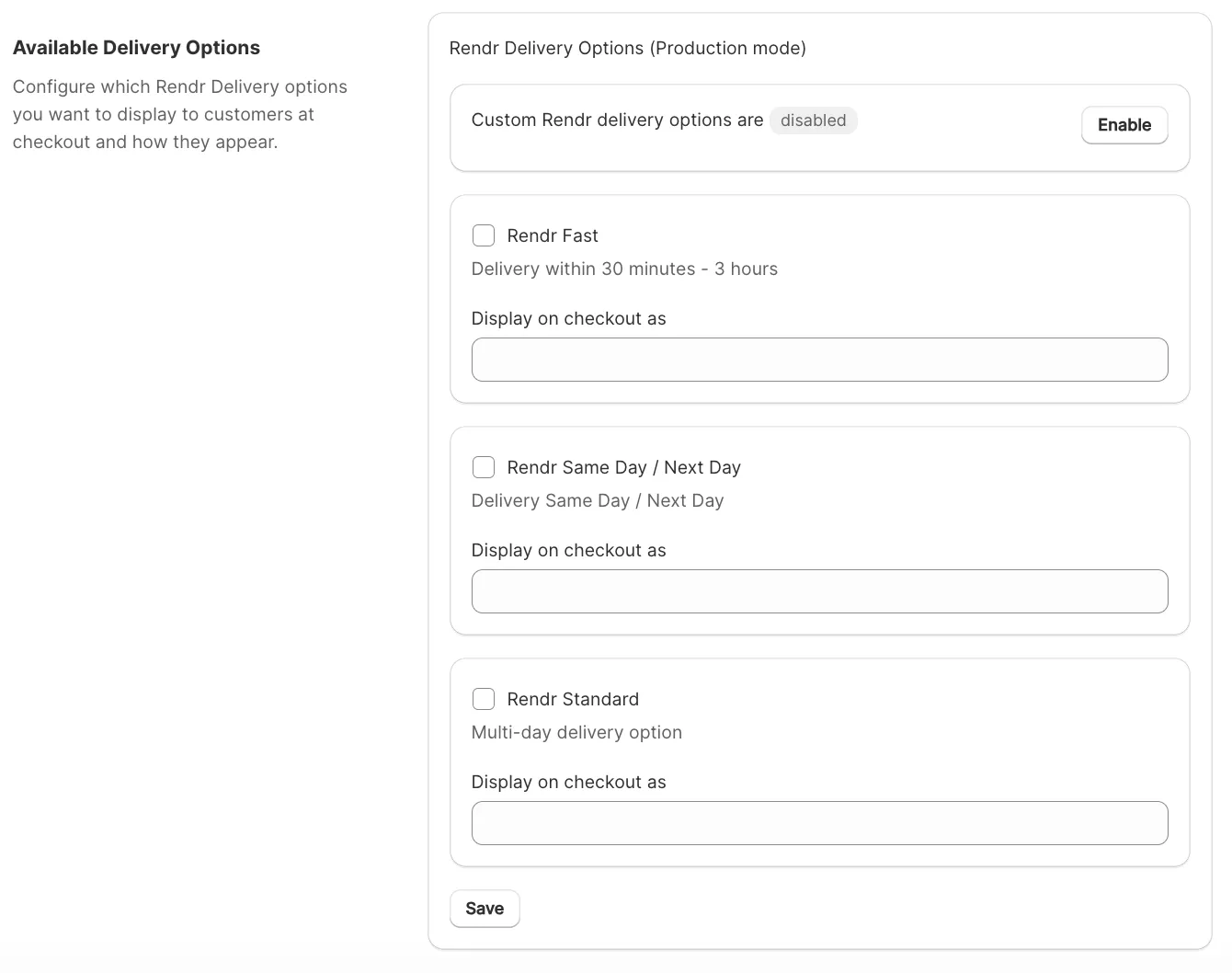 Rendr Delivery Shopify app Rates tab showing Available Delivery Options for Rendr Fast, Rendr Same Day / Next Day and Rendr Standard