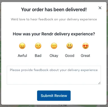 Delivery feedback modal shown to the customer on the tracking page