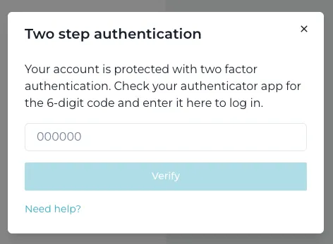 Two step authentication verification modal