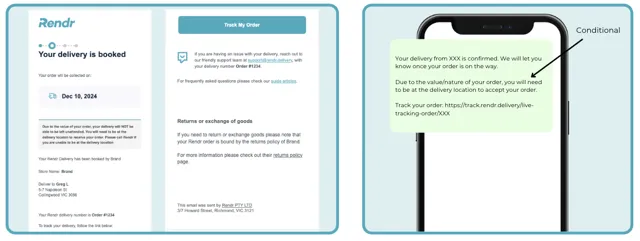 Example Booked confirmation email and SMS, including conditional messaging