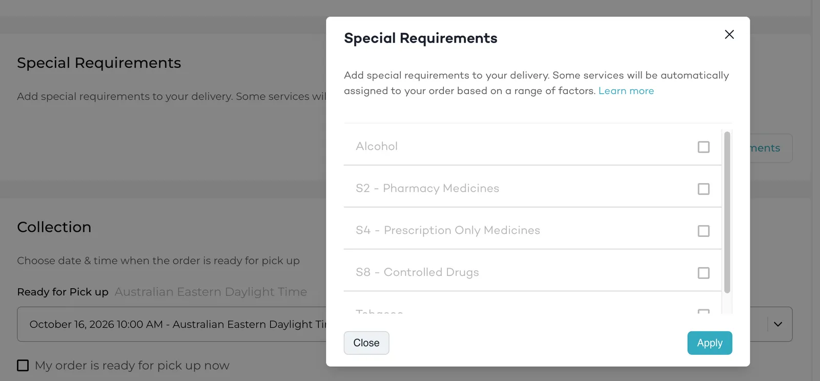 Special Requirements window listing options such as Alcohol, Pharmacy Medicines, Prescription Only Medicines and Controlled Drugs