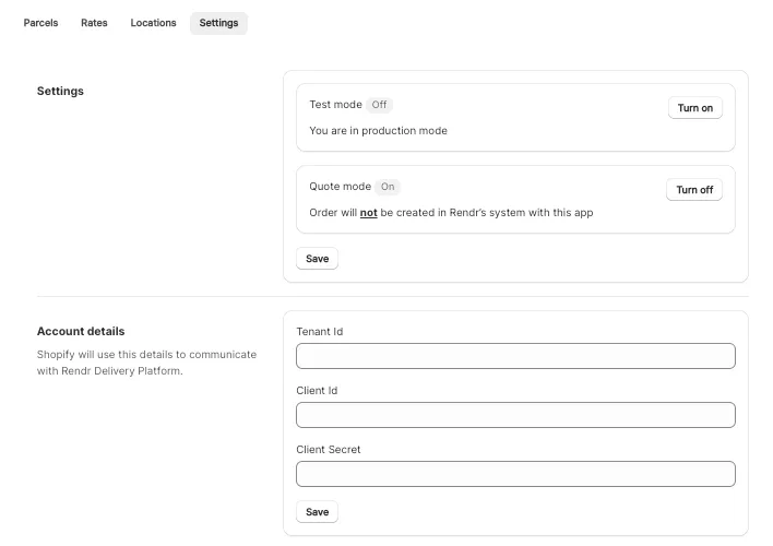 Rendr Delivery Shopify app Settings tab showing Test mode, Quote mode and the Account details fields for Tenant Id, Client Id and Client Secret