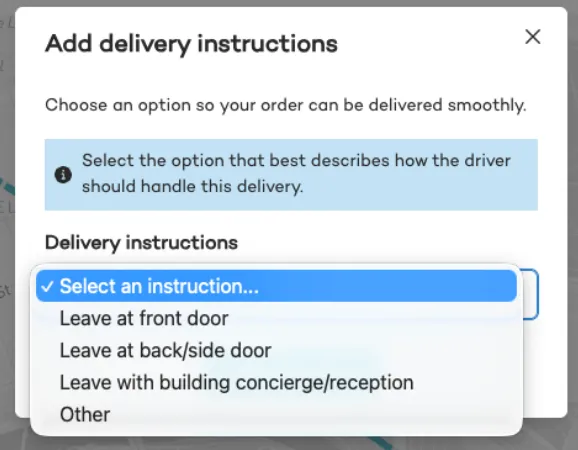 Add delivery instructions modal with a dropdown of delivery instruction options
