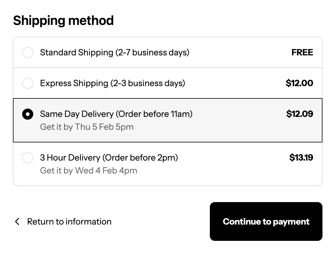 Shopify checkout Shipping method step showing Rendr Same Day Delivery and 3 Hour Delivery options