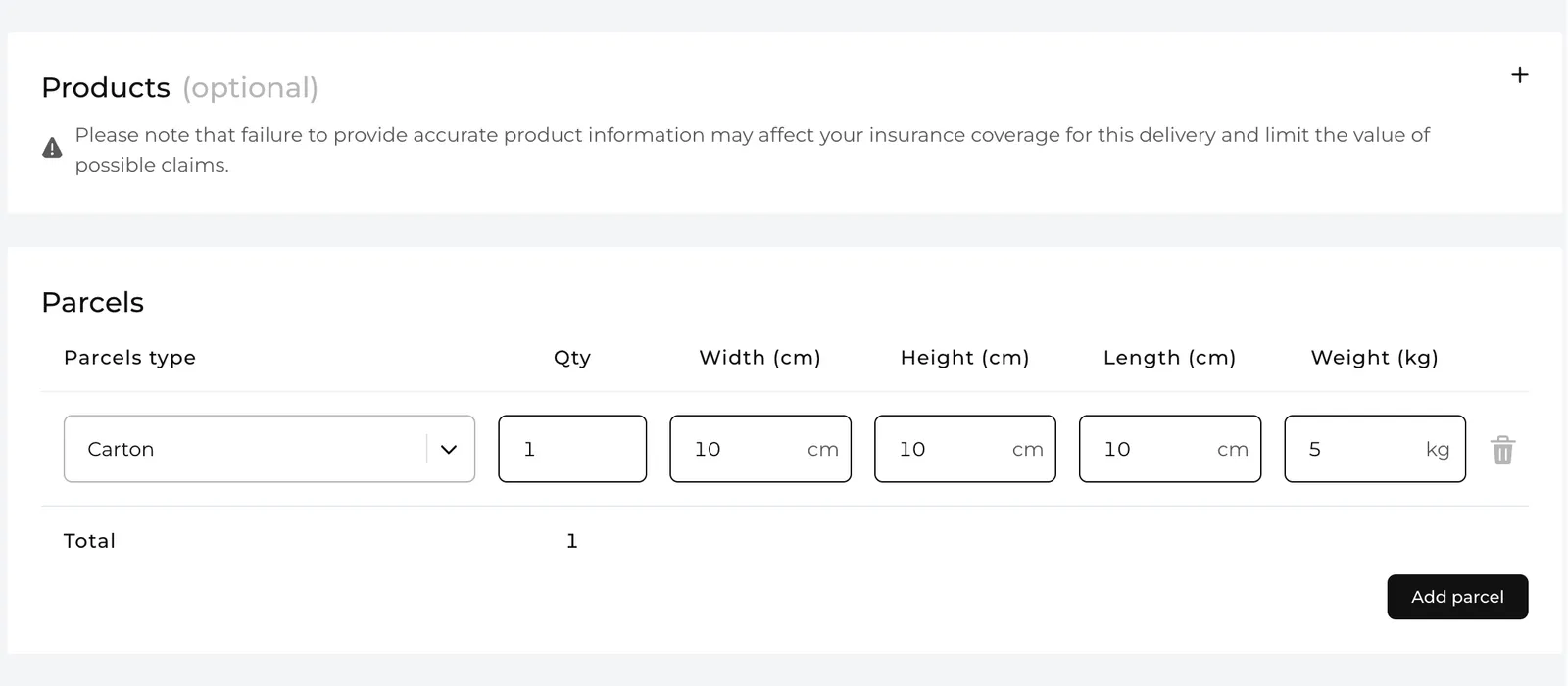 Create Delivery page showing the Products and Parcels sections, including parcel type, quantity, dimensions, weight and the Add parcel button