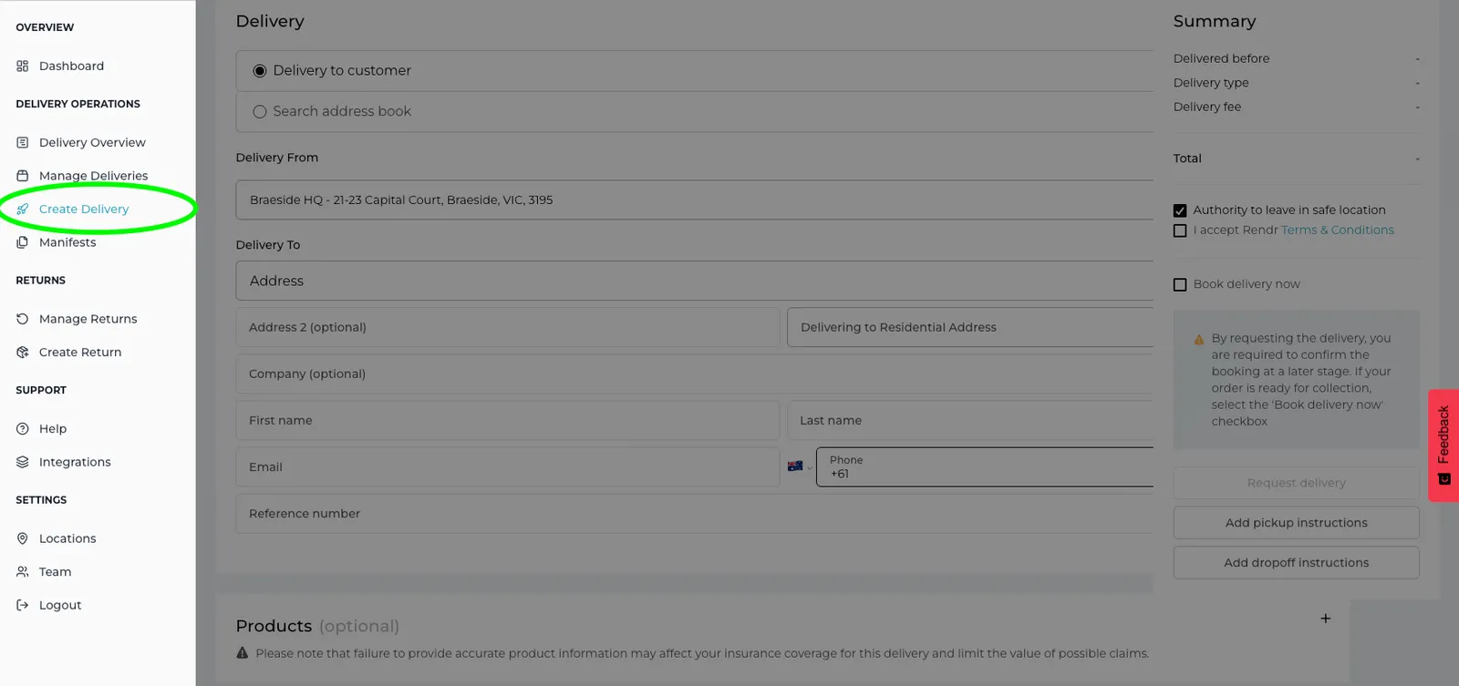 Delivery Dashboard menu with the Create Delivery option highlighted
