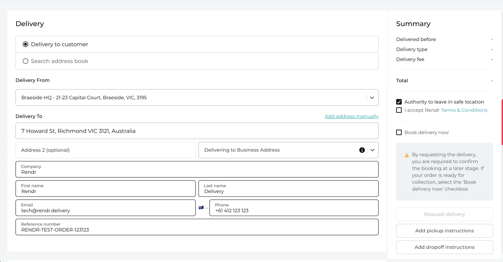 Create Delivery page showing the delivery type options, Delivery From, Delivery To and receiver details