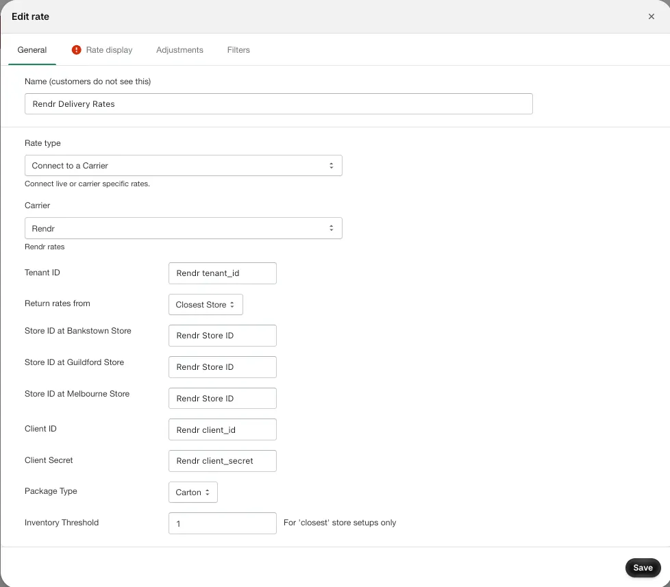 Map each store ID to Rendr delivery rates.